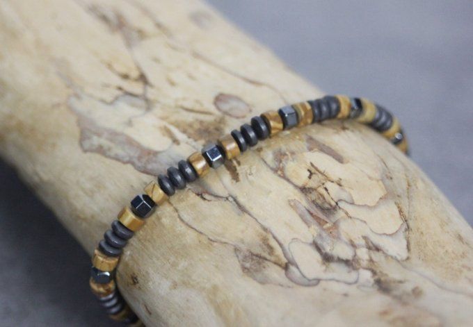 Bracelet perles heishi en wood stone et hématite mat