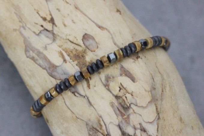 Bracelet perles heishi en wood stone et hématite mat