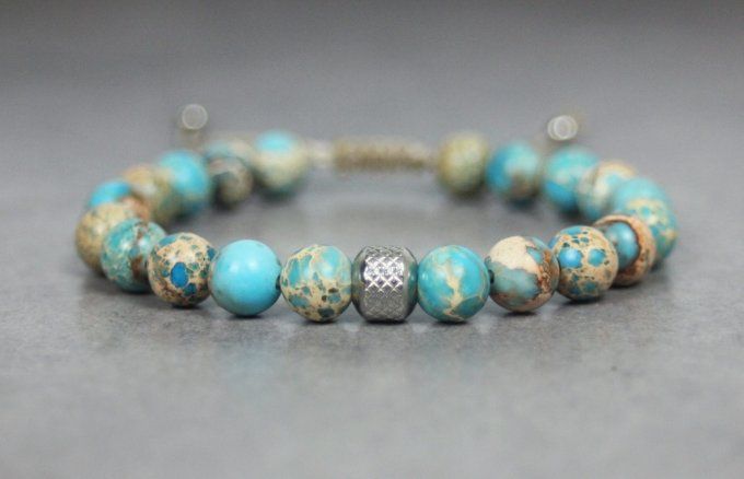 Bracelet perles jaspe impériale turquoise et acier inoxydable