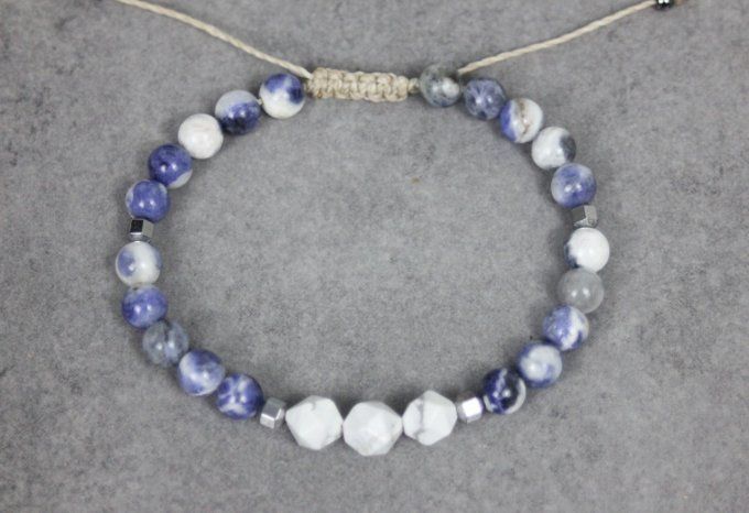 Bracelet en perles sodalite, howlite blanche et hématite