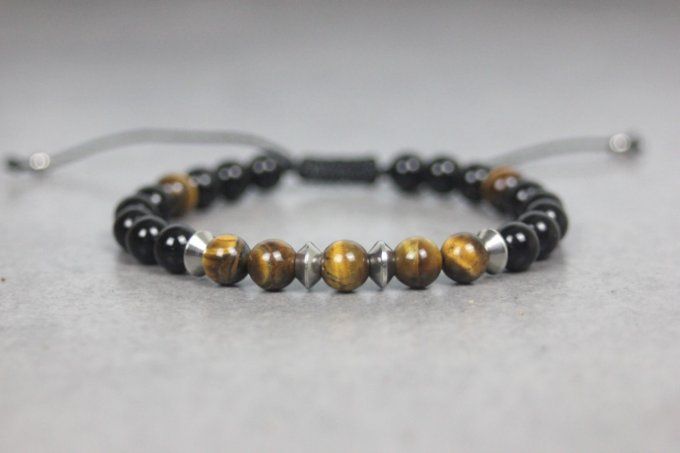 Bracelet perles onyx, oeil de tigre et acier inoxydable 