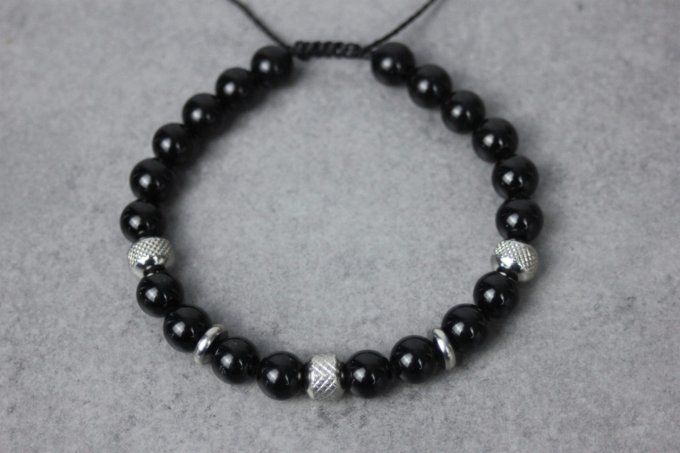 Bracelet perles onyx noir et acier inoxydable