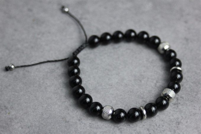 Bracelet perles onyx noir et acier inoxydable